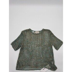 Tricot Chic Open-Stitch Crochet Top Women's 12 Brown/Blue Short Sleeve Hipster